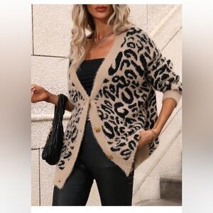 Time and Tru Brown and Black Leopard Cardigan